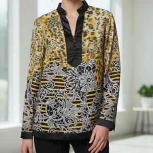 Vintage Bill Blass Blouse Japanese Tunic cheetah Yellow/blk/white Sz L
